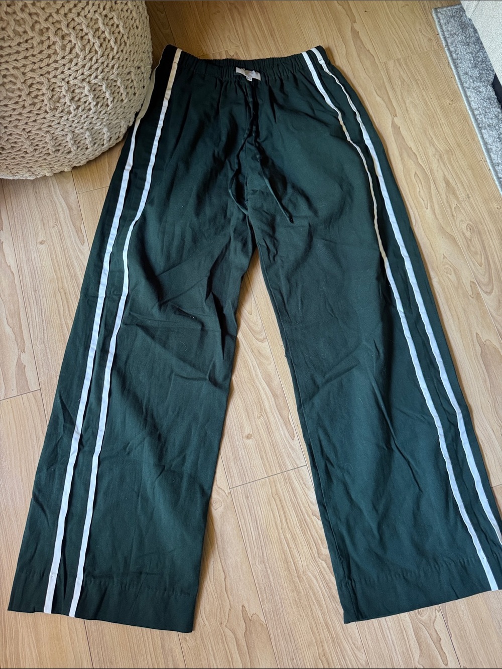 Reformation Hunter Green Wide-Leg Joggers with White Side Stripes